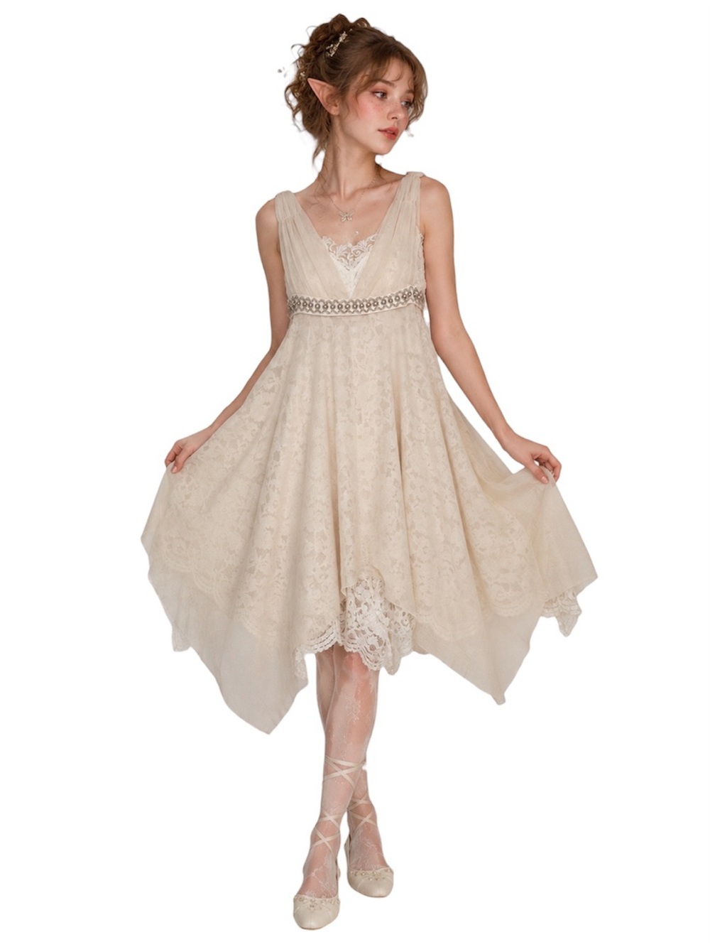 Fairycore Feminine Cream Lace Chiffon Bias Cut Midi Dress Princess Countrycore